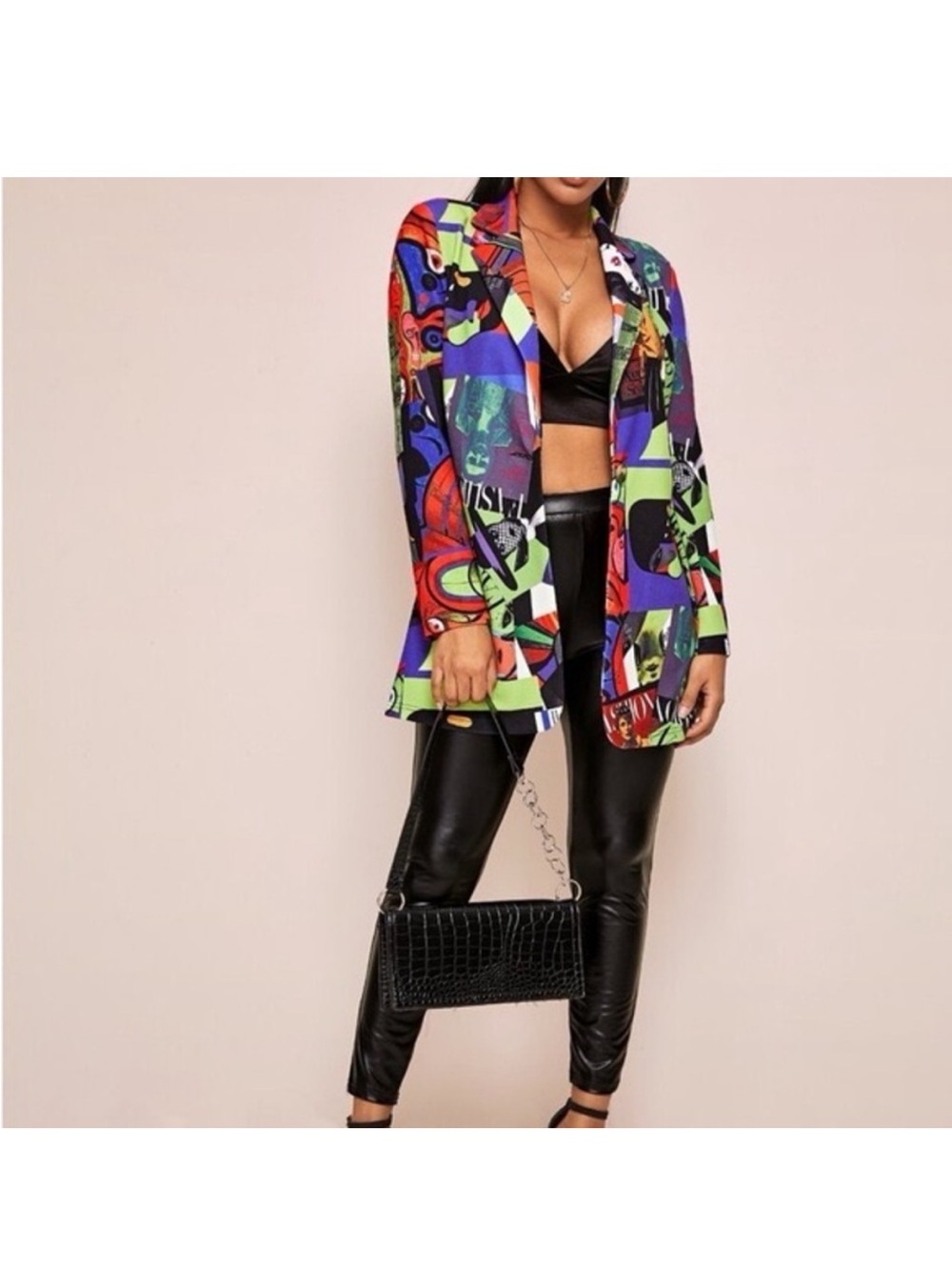 SHEIN Pop Art Print Open Front Blazer | Multicolor Statement Jacket | Size L